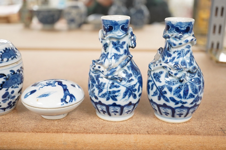 19th/20th century Chinese ceramics to include a pair of blue and white Chinese vases, circular seal box and cover and a snuff bottle with stopper, largest 9.5cm in diameter (6) Condition - mostly good